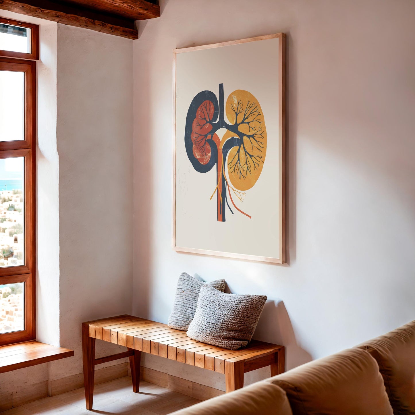 Abstract art print of a human kidneys in a modern, minimal style, on entryway wall