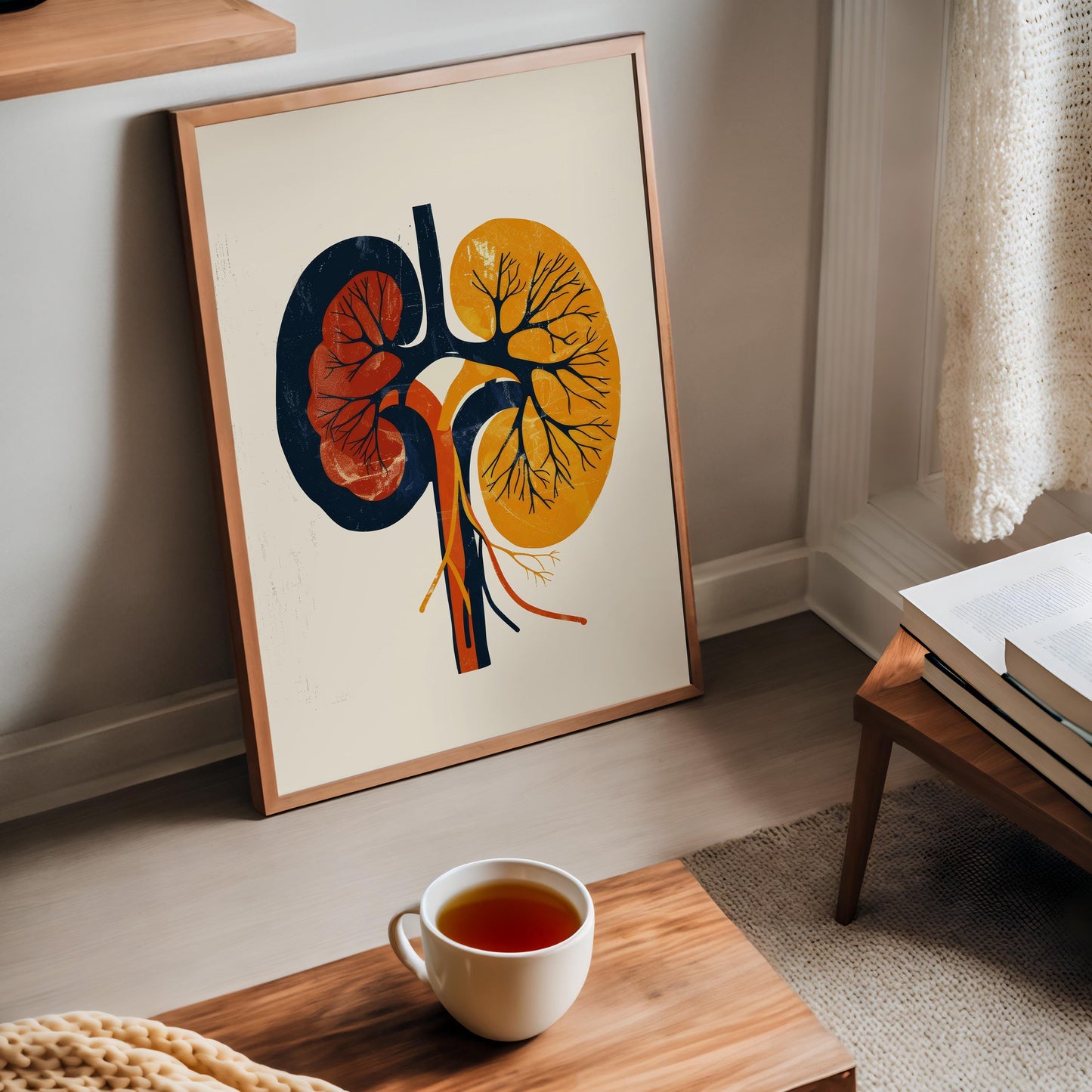 framed abstract art print of a human kidneys in a modern home office