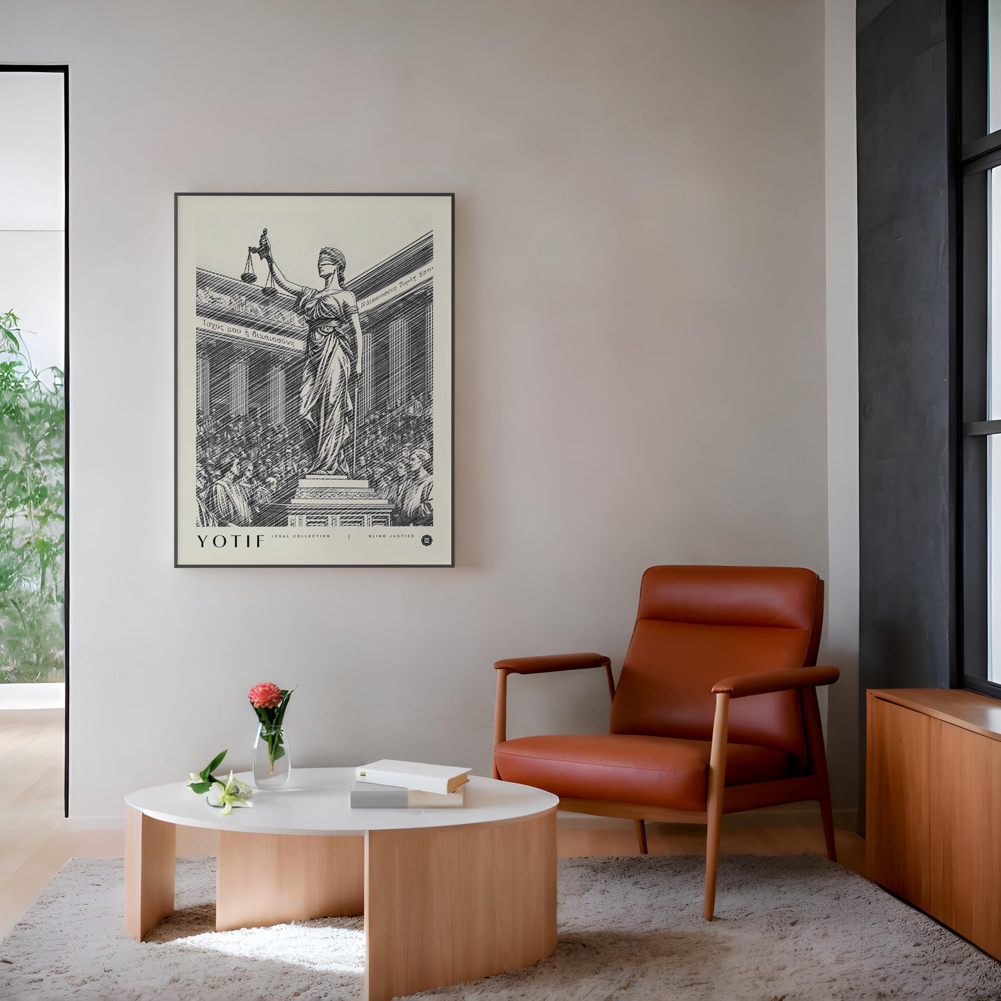Blind Justice art print for legal professionals featuring classical figure with scales in a courtroom illustration