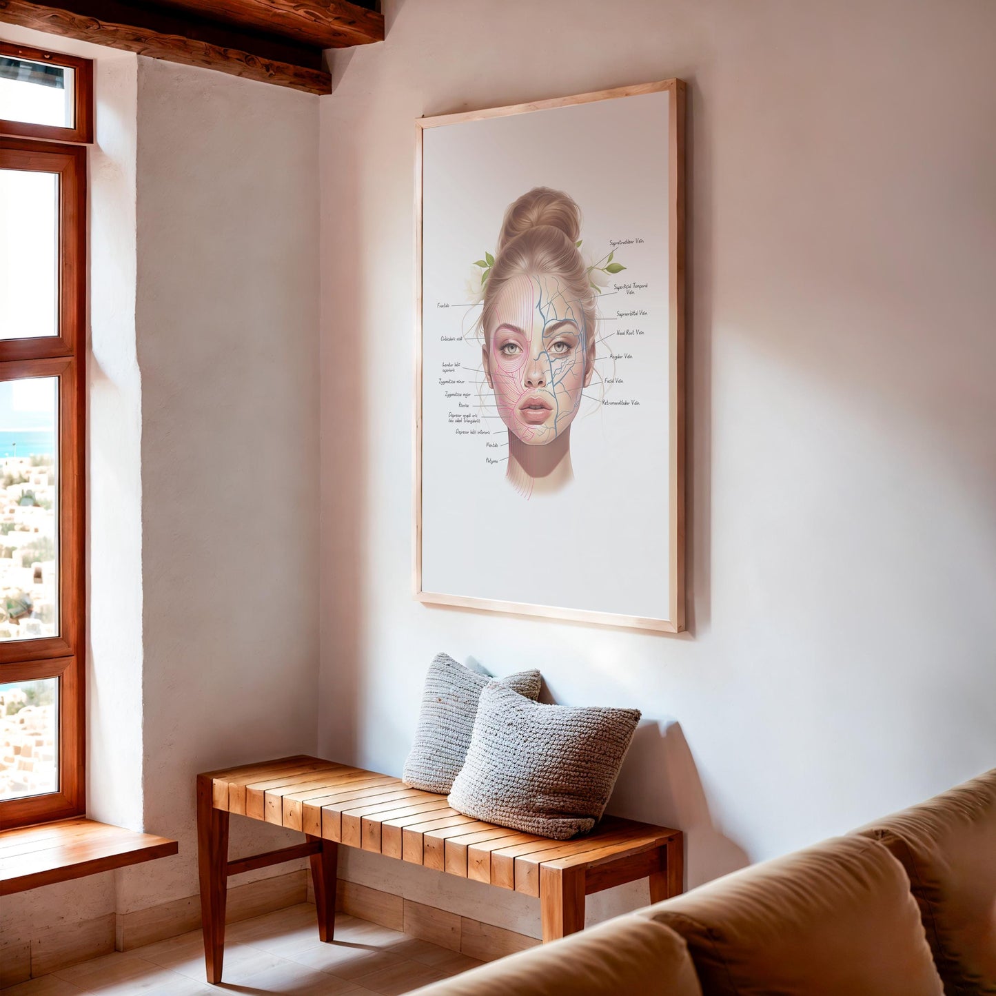 Framed esthetician art print featuring muscles and veins on office entryway wall