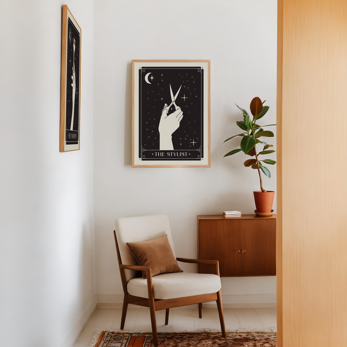 Wall art print featuring professional hair shears, on med-spa wall