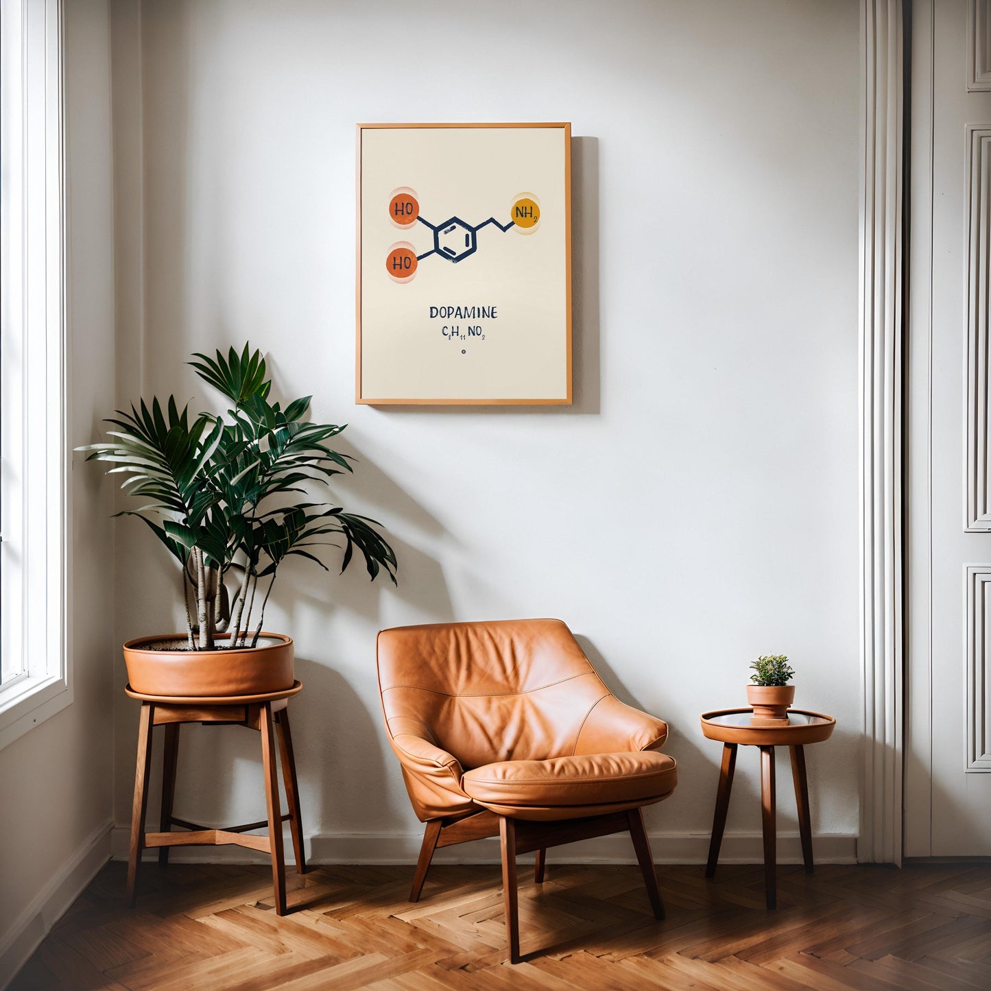 Modern dopamine molecule diagram designed for mental health professionals and wellness spaces