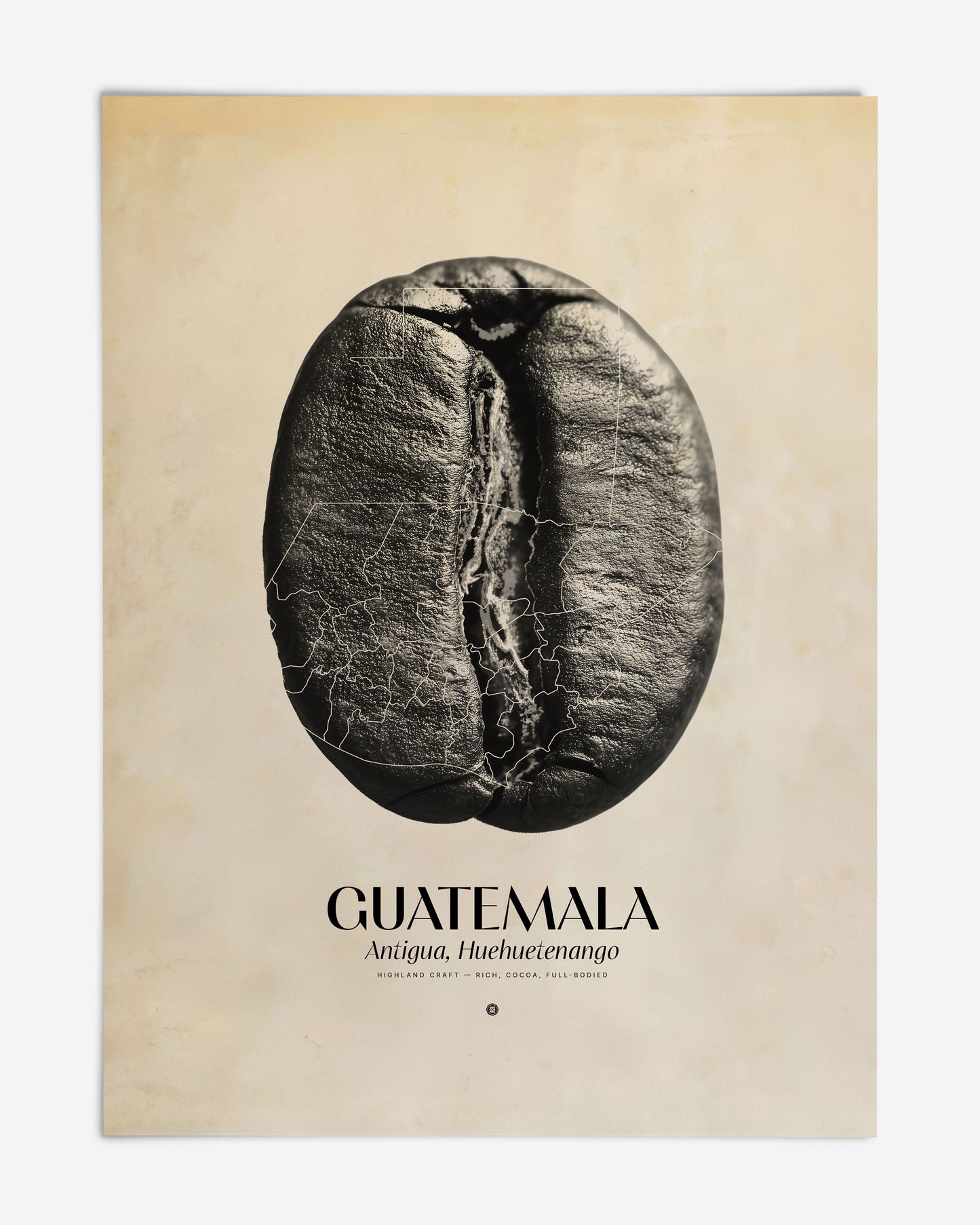 Unframed Guatemala coffee origins art print featuring a black-and-white coffee bean with map lines on a cream background.
