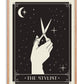 Oak-framed The Stylist art print with a hand holding scissors against a celestial black background.