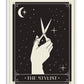 White-framed The Stylist art print featuring a hand holding scissors among a crescent moon and stars.