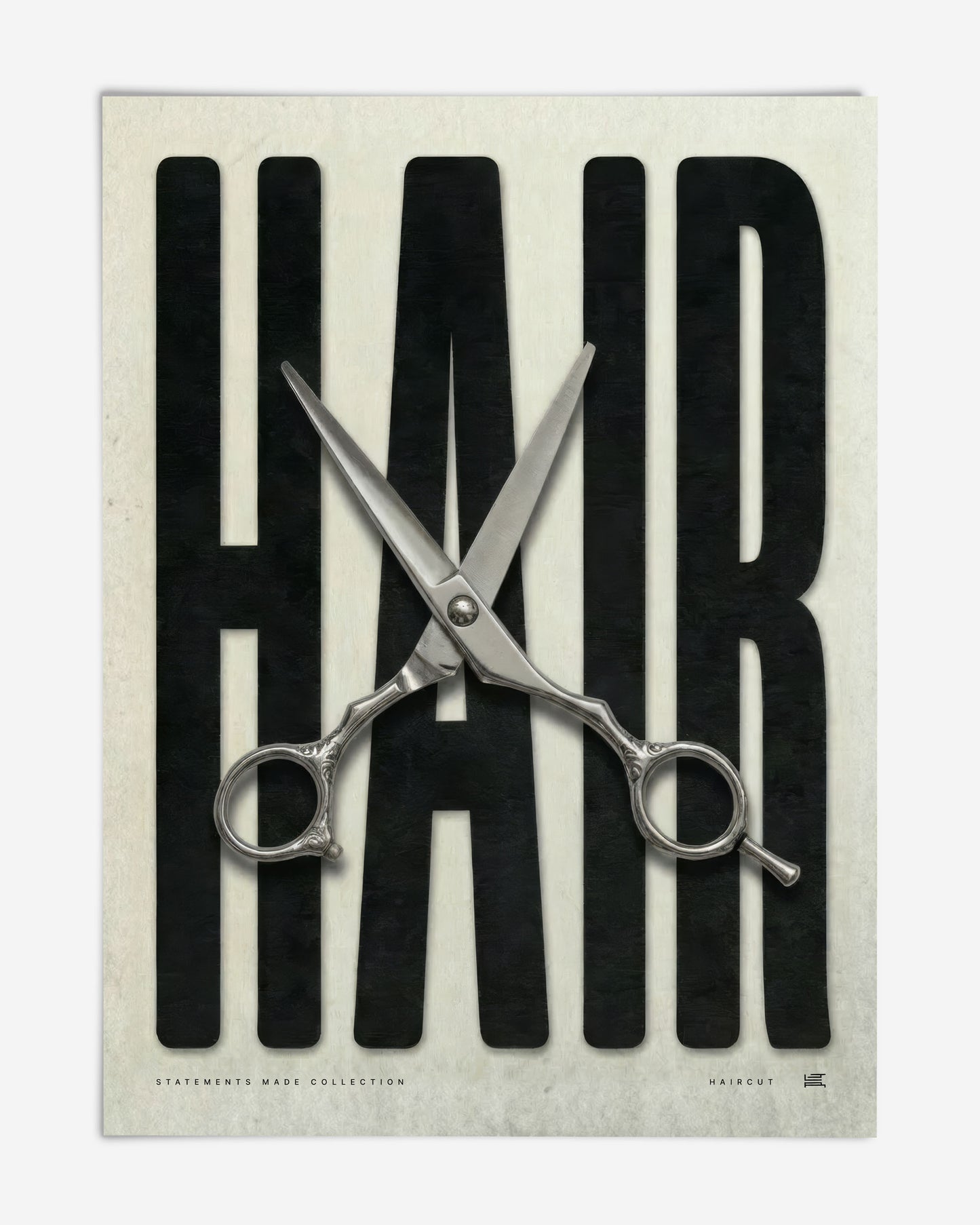 Unframed HAIR art print with oversized black lettering and open silver haircutting scissors.