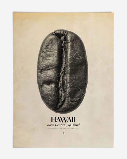 Unframed Hawaii Kona coffee art print featuring an enlarged coffee bean with island outlines.