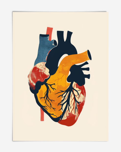 Unframed abstract heart anatomy art print in navy, golden yellow, red, and blue on a cream background.