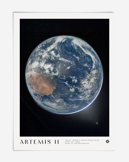 Unframed Artemis II art print showing Earth against black space, with Australia visible beneath swirling clouds.