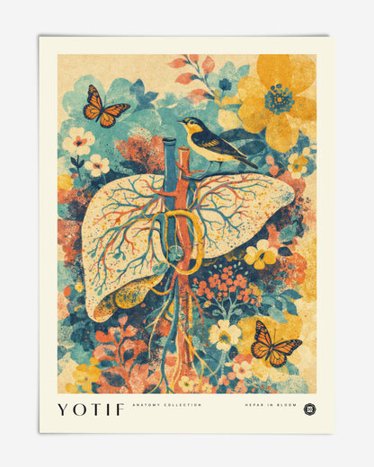 Unframed YOTIF Hepar in Bloom art print featuring anatomical liver vessels among teal, yellow, and coral flowers, a bird, and butterflies.