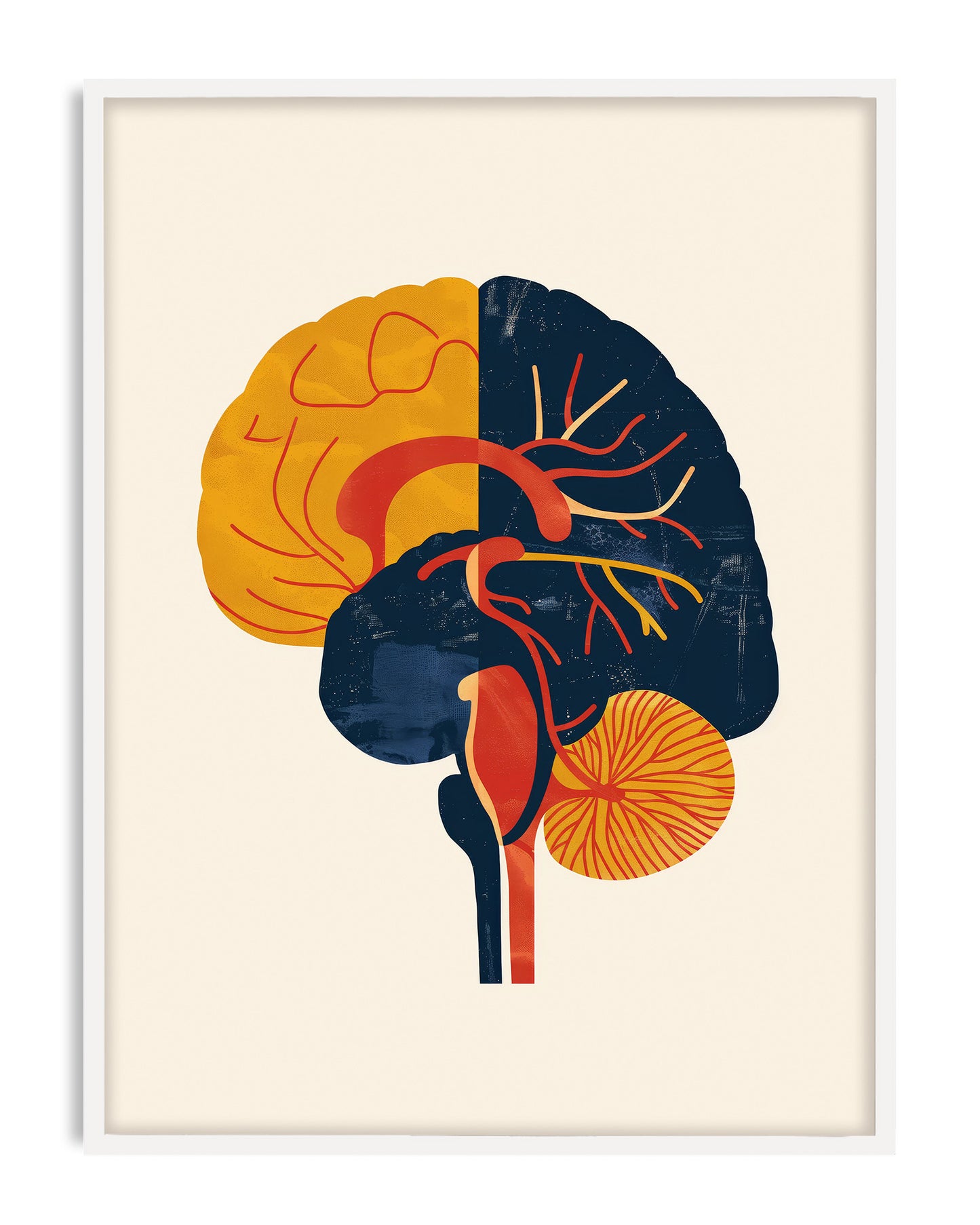 White-framed abstract anatomical brain artwork in mustard yellow, navy blue, red, and orange on a cream background.