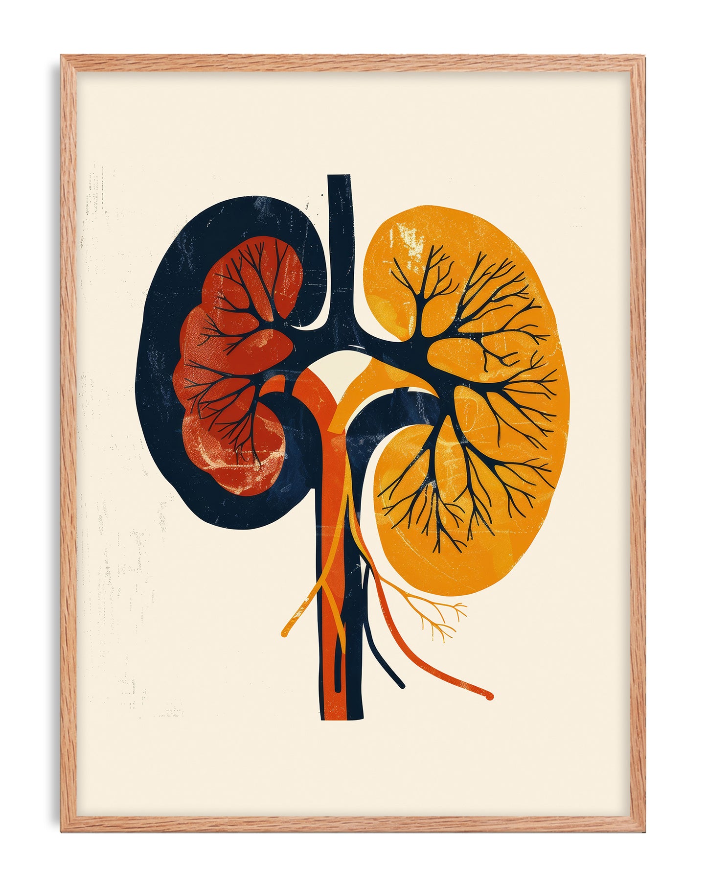 Oak-framed abstract kidney anatomy artwork in navy, rust red, and golden yellow on a cream background.