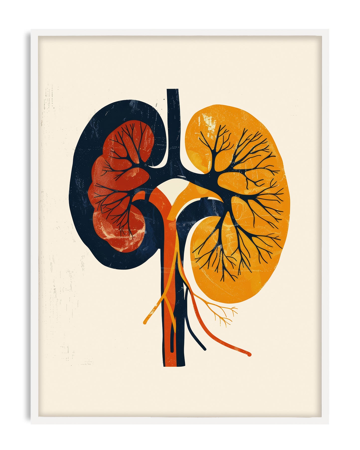 White-framed abstract kidney anatomy artwork in navy, rust red, and golden yellow on a cream background.