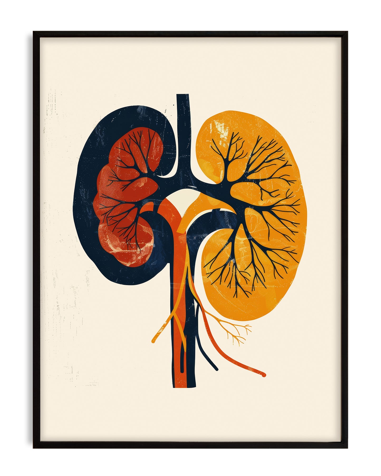 Black-framed stylized kidney anatomy art print in navy, rust, and golden yellow on a cream background.