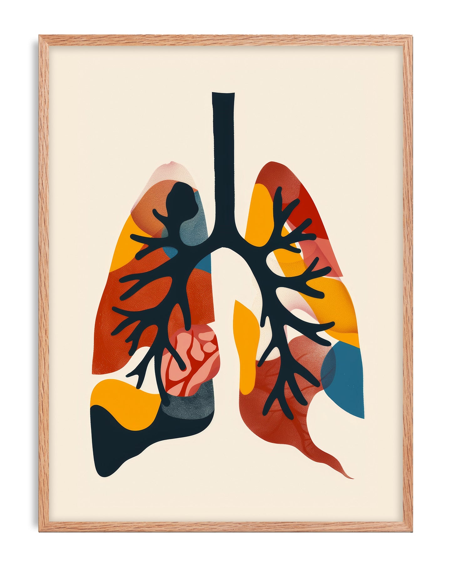 Oak-framed abstract lung anatomy artwork with dark branching airways and colorful geometric shapes.