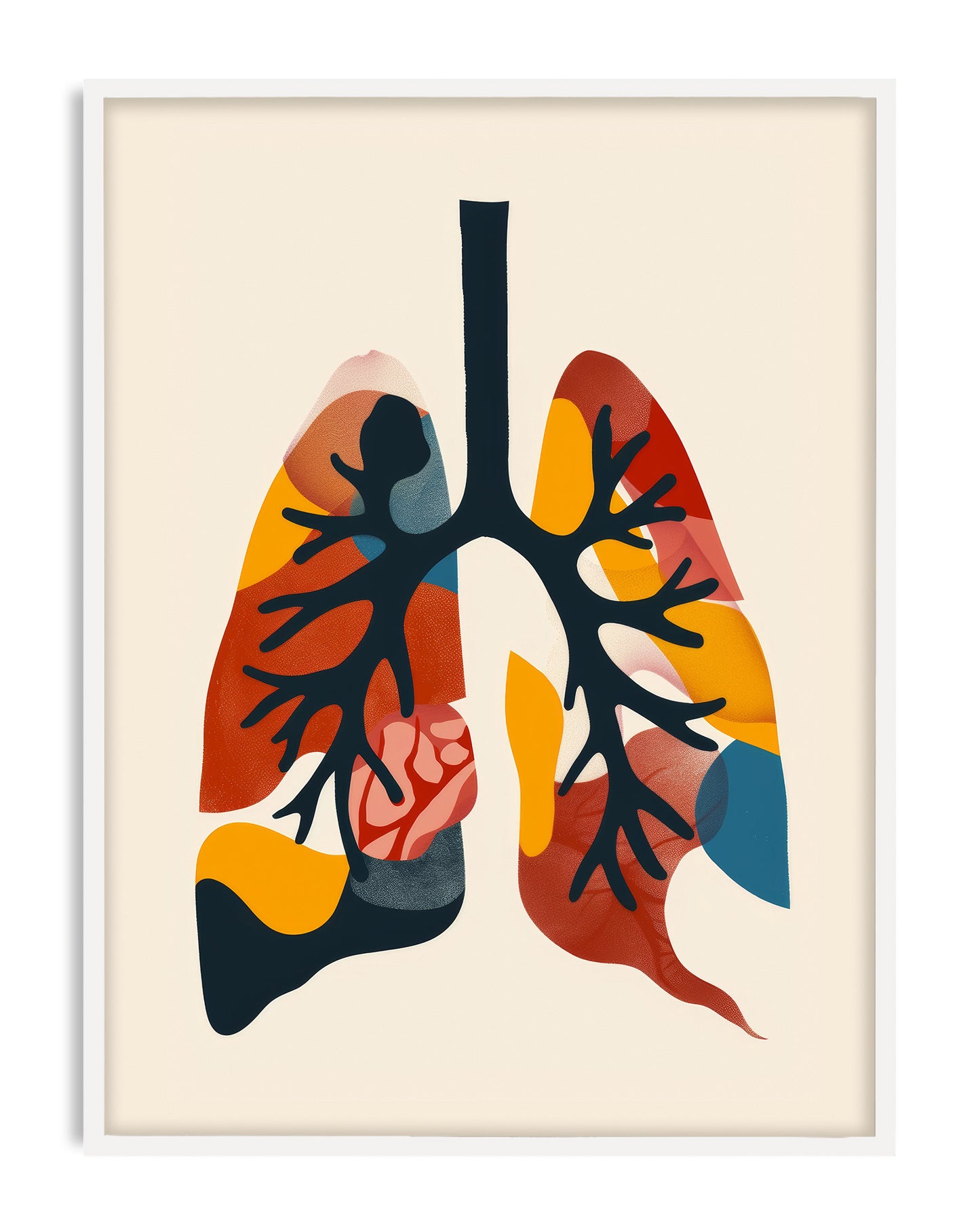 White-framed abstract lung anatomy artwork with dark branching airways and colorful geometric shapes.