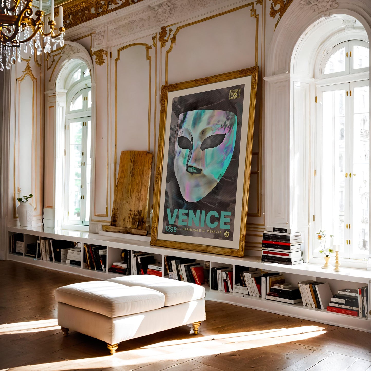 Ornate gold-framed Venice carnival mask artwork displayed above bookshelves in an elegant sunlit room.