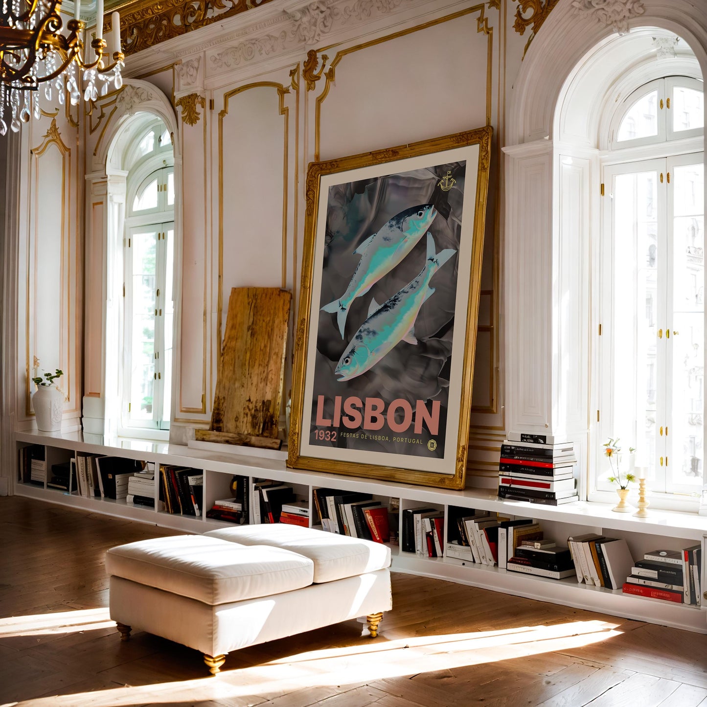Ornate gold-framed Lisbon 1932 artwork with two iridescent fish displayed in an elegant living room.
