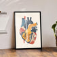 Black-framed abstract heart anatomy artwork displayed beside wall shelves and a large potted plant.