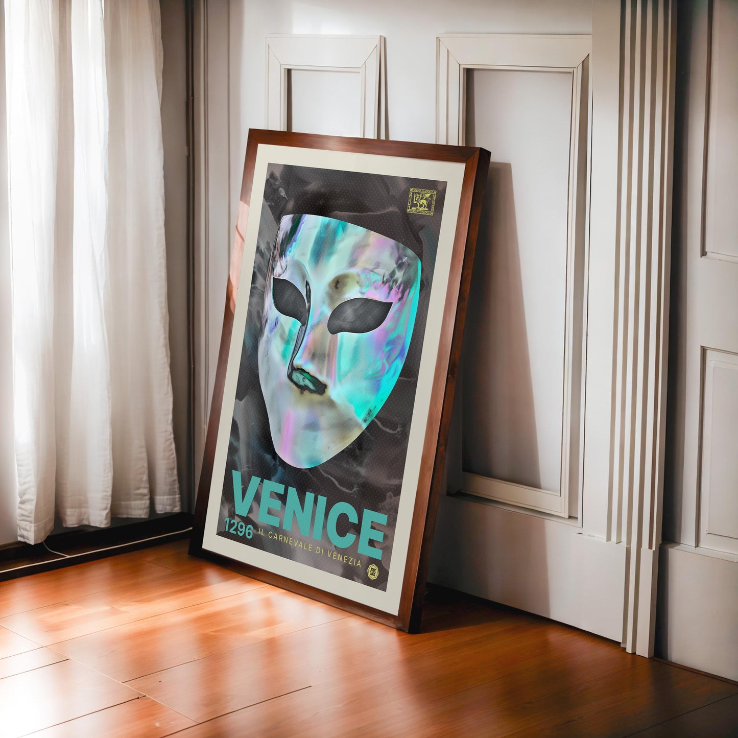 Dark wood-framed Venice 1296 artwork featuring an iridescent carnival mask leaning against paneled walls by a window.