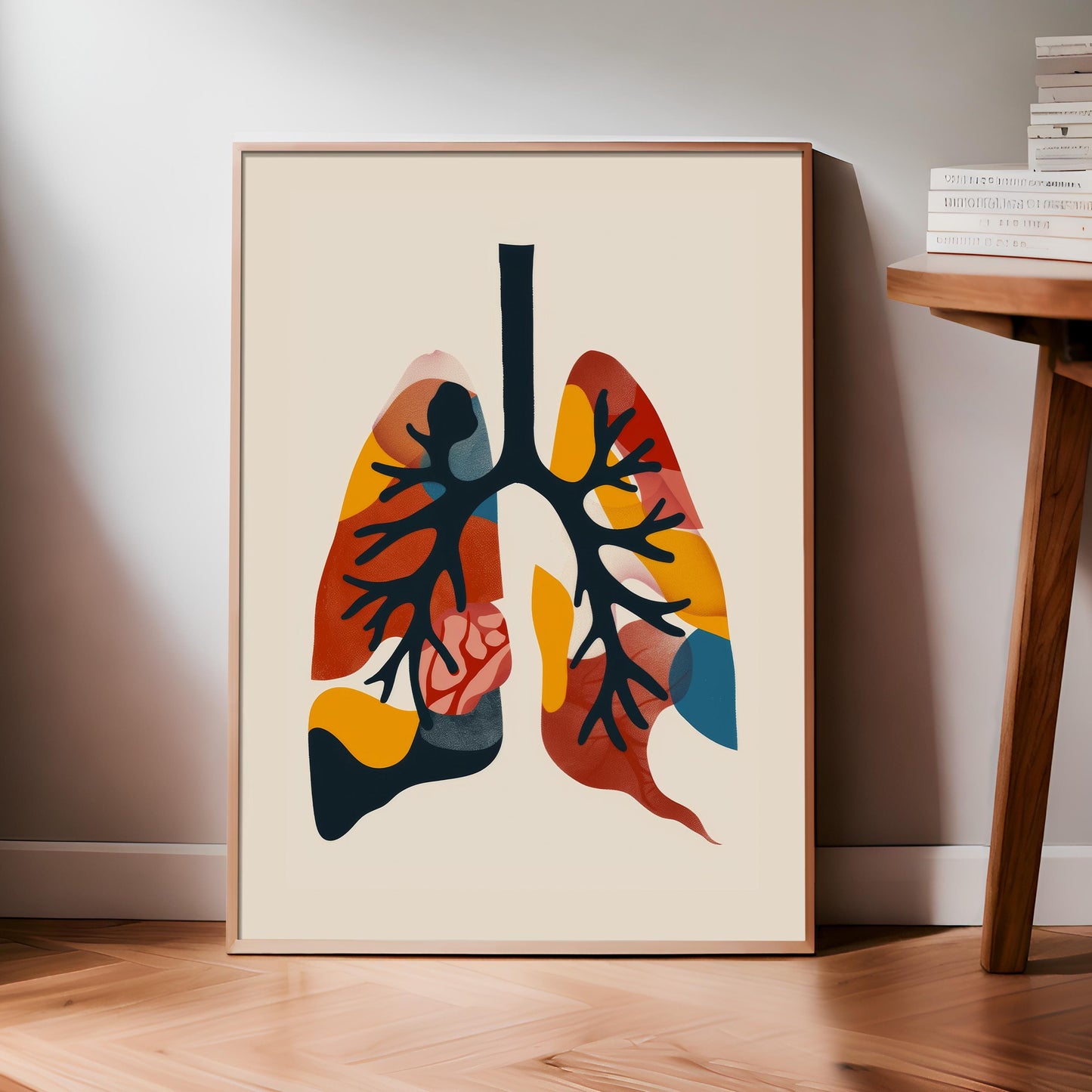 Framed abstract human lungs print leaning against wall