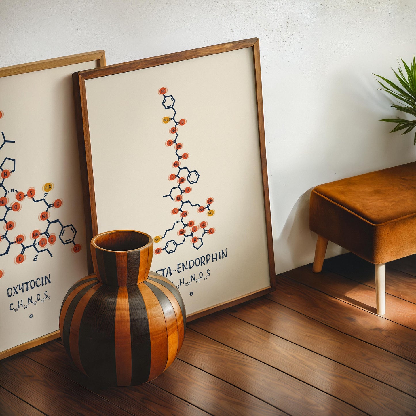 Oak-framed beta-endorphin molecular artwork leaning beside an oxytocin print and striped wooden vase.