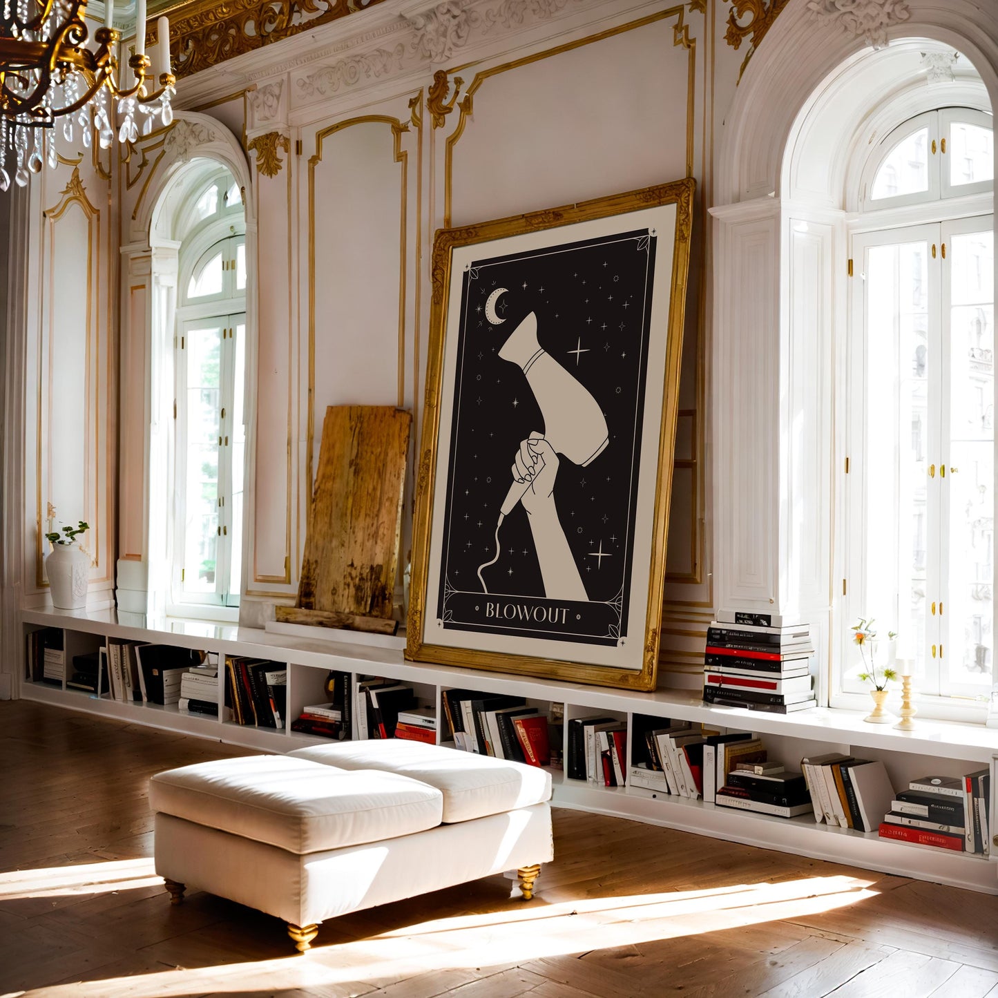 Ornately framed Blowout art print displayed above bookshelves in a living room.