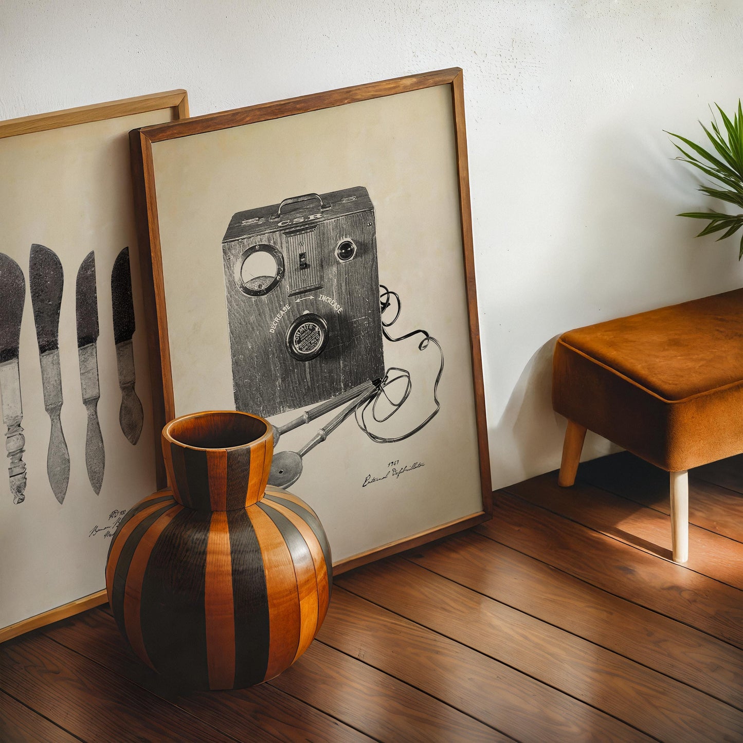 Dark wood-framed vintage external defibrillator artwork leaning beside a medical instrument print and striped wooden vase.