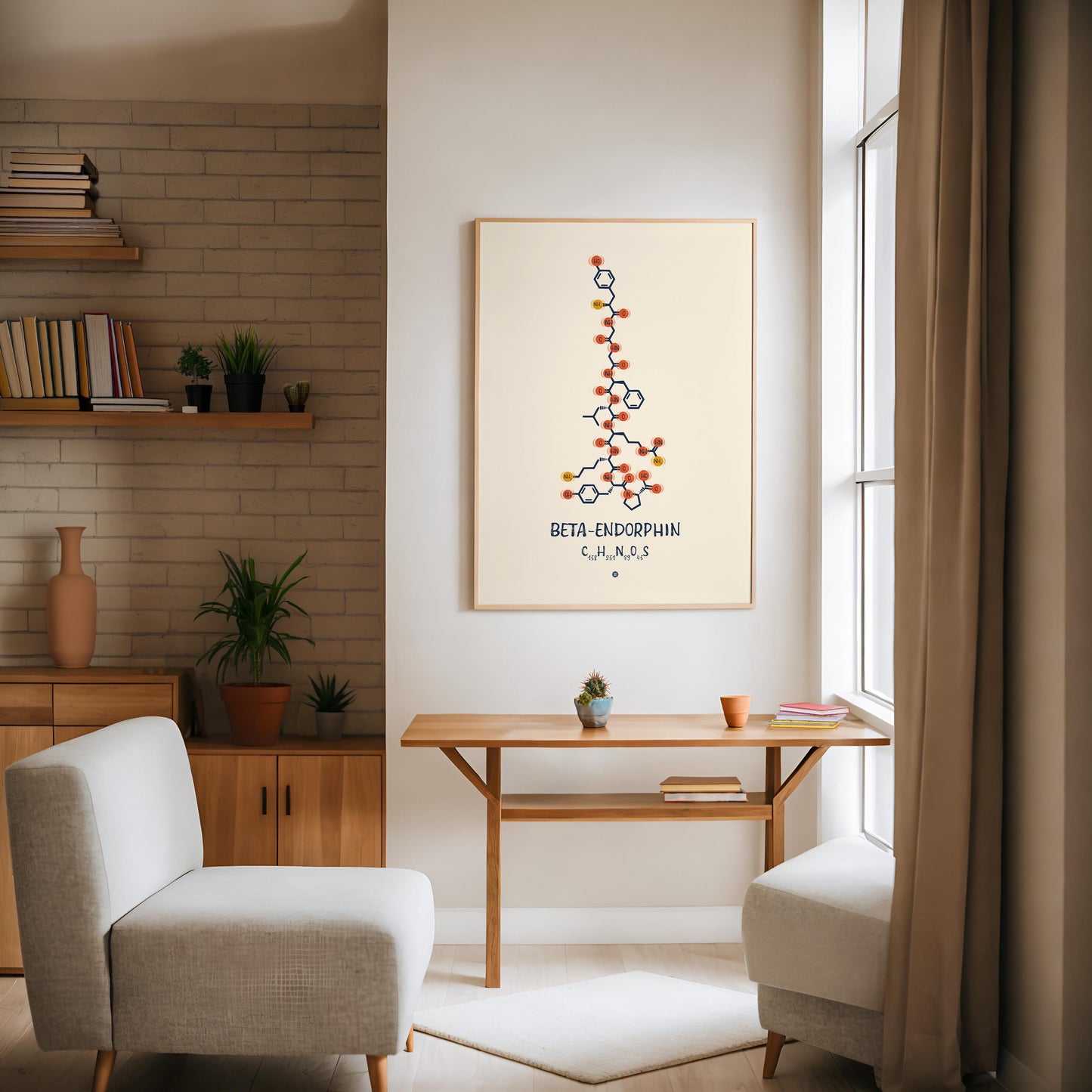 Oak-framed beta-endorphin molecular artwork displayed above a wooden console table in a bright living room.