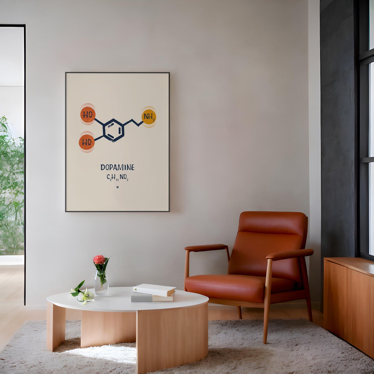 Black-framed dopamine molecular artwork displayed above a rust-colored armchair in a modern living room.