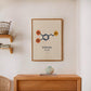 Oak-framed dopamine molecular artwork displayed above a wooden cabinet with a ceramic vase.