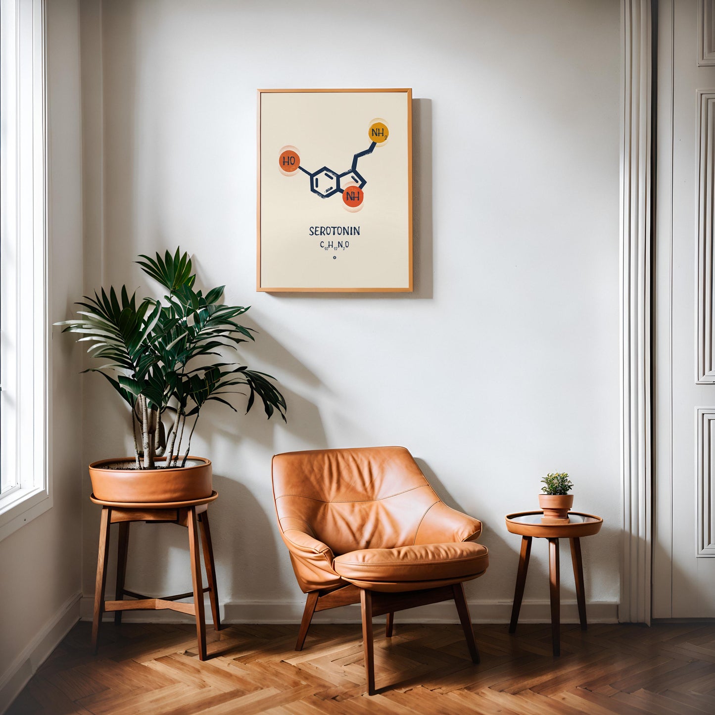 Oak-framed Serotonin molecule artwork displayed above a tan leather chair between potted plants in a living room.