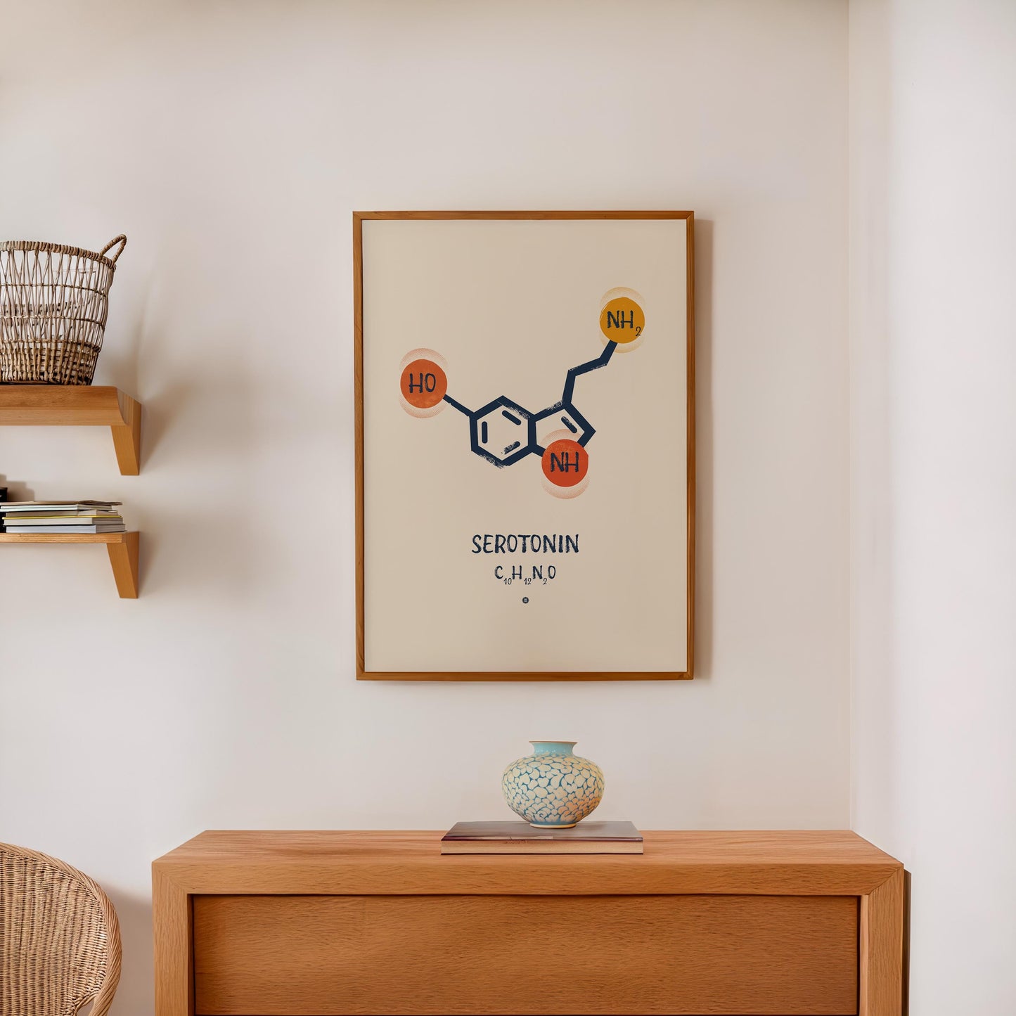 Framed Serotonin molecule artwork displayed in an interior setting.