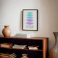 Black-framed Hierarchy of Needs art print displayed above a bookcase with books and a ceramic vase.