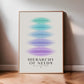 Oak-framed Hierarchy of Needs art print leaning against a wall in sunlight.