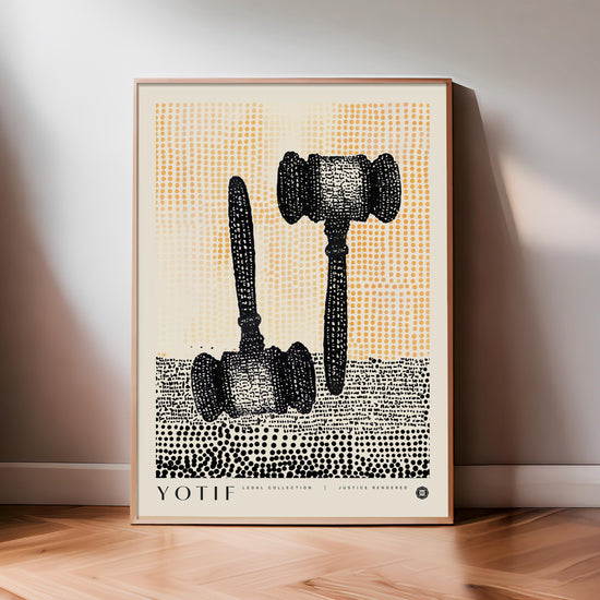 Light wood-framed YOTIF legal collection art print featuring two black gavels over orange and black halftone patterns, leaning against a wall.