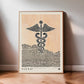 Oak-framed Caduceus art print leaning against a wall, featuring a black dotted winged staff and snakes over peach and black halftone fields.