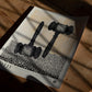 Unframed YOTIF legal collection art print featuring two black gavels and orange halftone dots, lying in patterned sunlight on a wooden floor.
