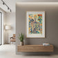 Oak-framed Corporis in Bloom artwork displayed above a floating wooden cabinet and potted plant.