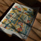 Unframed floral anatomy artwork lying on a wooden table in patterned sunlight.