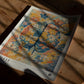 Unframed Cerebrum in Bloom art print lying on a wooden table in dappled sunlight.