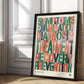 Black-framed medical process artwork with colorful words including Symptoms, Examination, Diagnosis, Treatment, Recovery, and Prevention, leaning against a paneled wall.