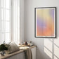 Black-framed pastel gradient art print reading “Focus on the journey, not the destination” hanging in a sunlit bedroom.