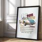 Black-framed 1965 Porsche 911 collage artwork leaning against an ornate white paneled wall in sunlight.