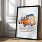 Black-framed orange BMW 2002 artwork leaning against an ornate white paneled wall in a sunlit room.