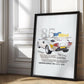 Black-framed 1985 Lamborghini Countach artwork leaning against an ornate paneled wall.
