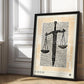 Black-framed Sword & Scales artwork displayed in an interior setting against an ornate white paneled wall.
