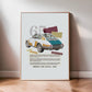 Framed collage artwork of a white 1965 Porsche 911 with teal and mustard panels leaning against a sunlit wall.