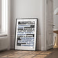 Black-framed LGBTQ rights landmark cases typography art print leaning against a wall in a bright interior.