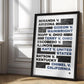 Black-framed due process artwork listing landmark legal cases, leaning against an ornate white paneled wall.